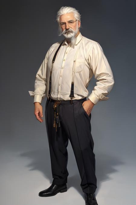 01381-918243461-a painting of a man by Crvgg, white hair, old man, beard, mustache, cloth, shirt, pants, full body, looking at viewer, simple ba.png